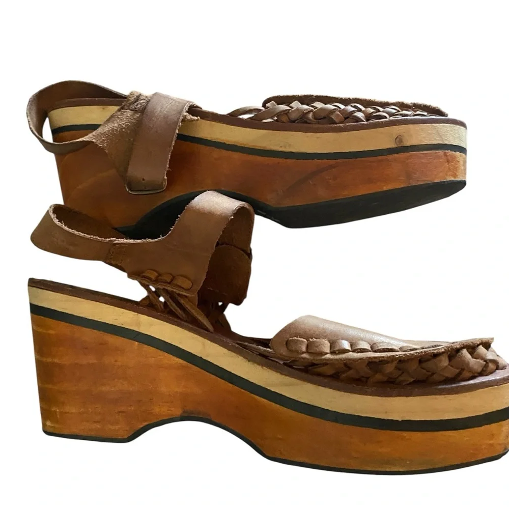 Free People Brown Leather Woven Platform Clog Mules